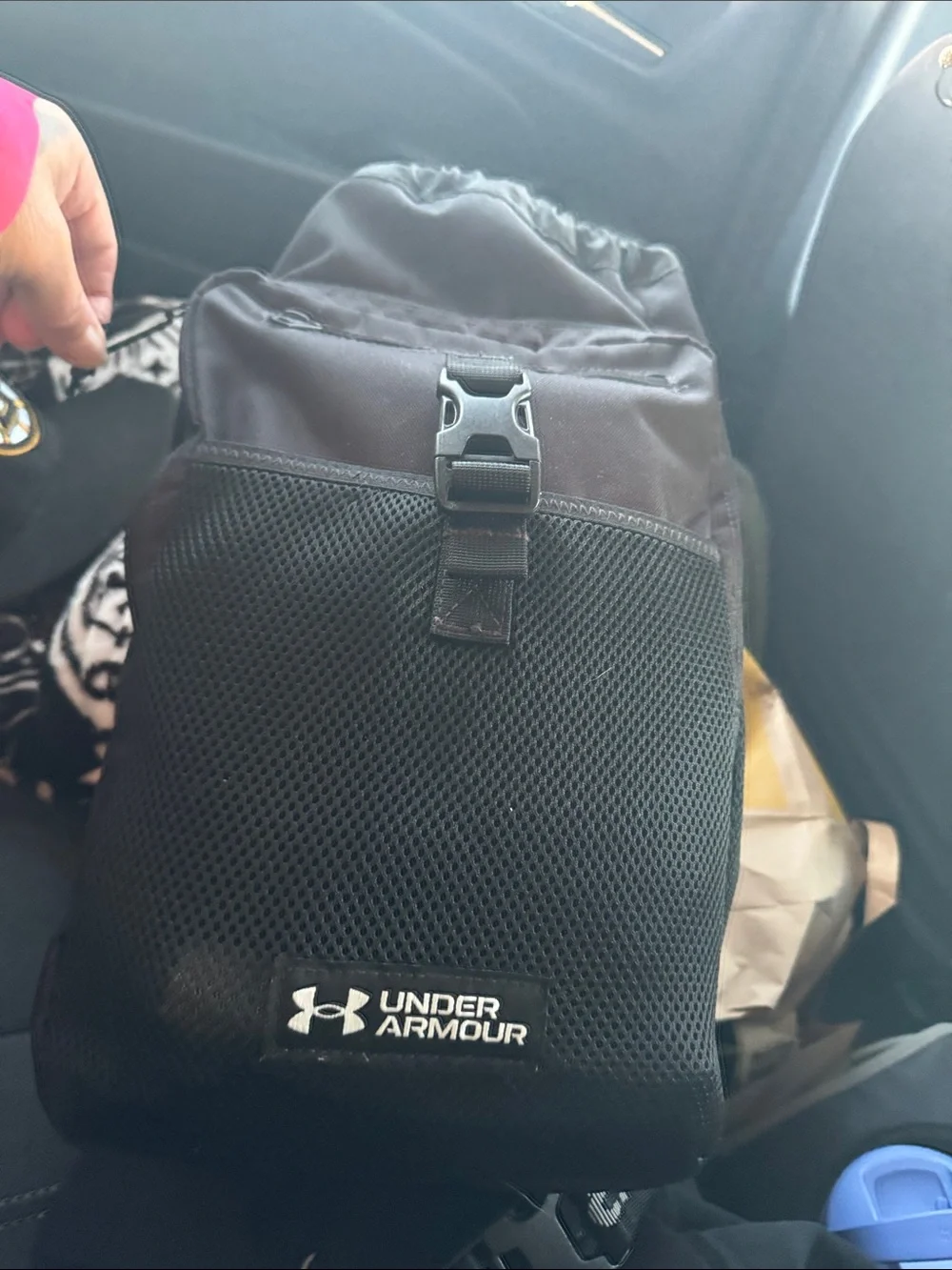 Under Armour Black Drawstring Backpack with Mesh Front and Buckle
